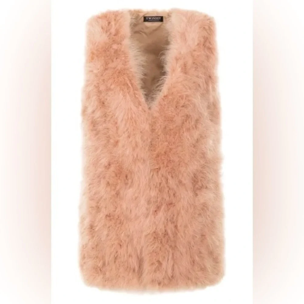 NWT TWINSET Italy genuine feather vest hip length size M in blush powder pink - Picture 1 of 12